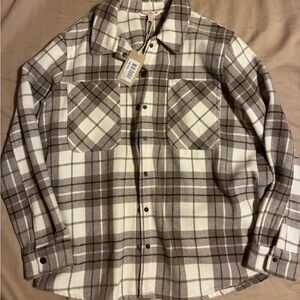 Como Vintage Casual Plaid Shacket Jacket- Brown and White